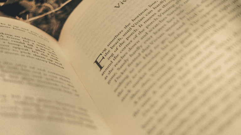 Open book page with blurred text and soft lighting in a natural setting