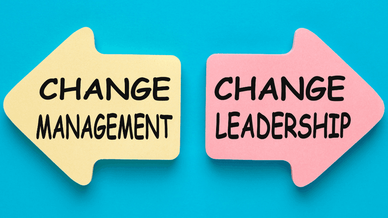 Two arrows on a blue background labeled "Change Management" and "Change Leadership"