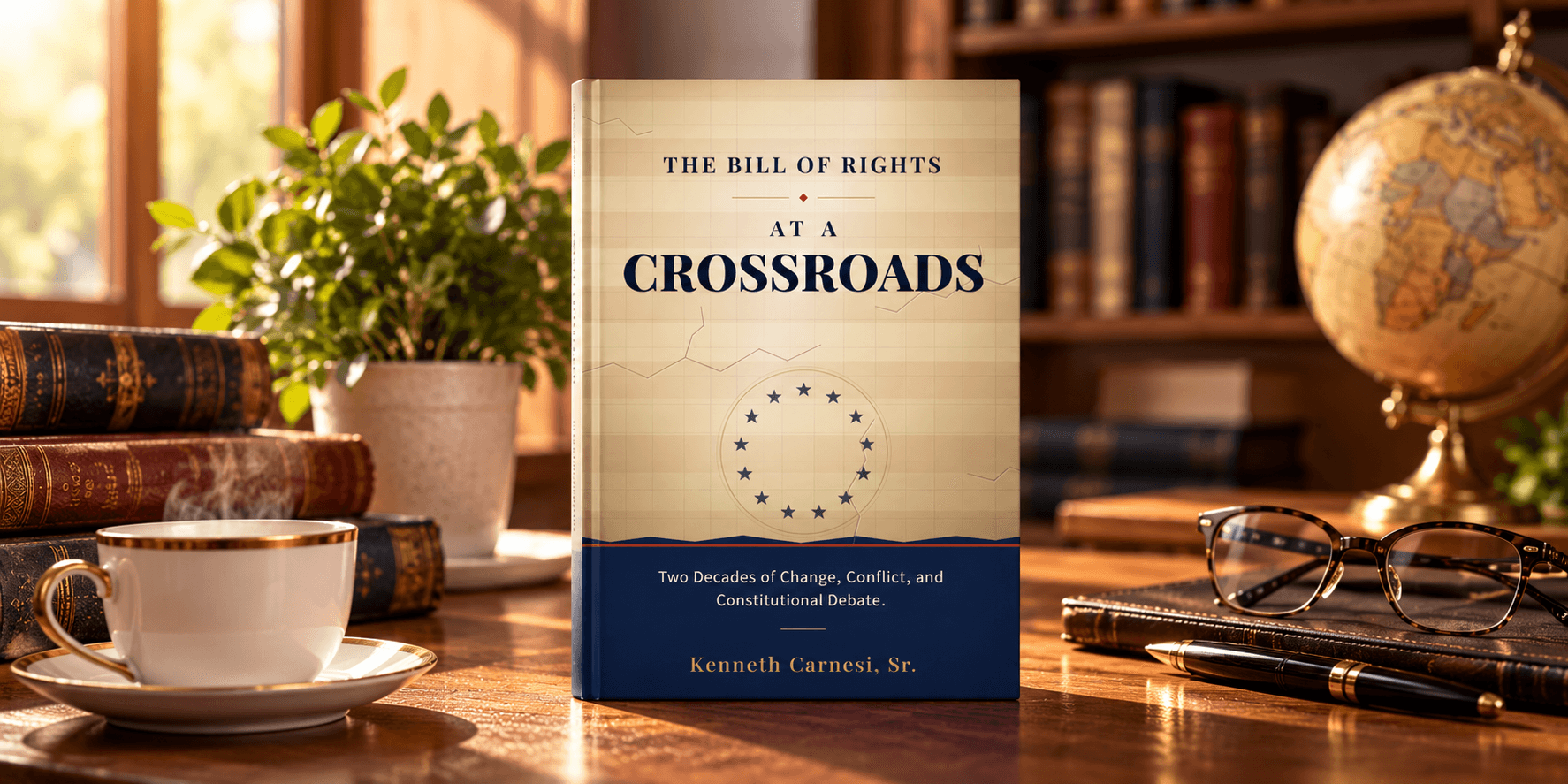 Book titled "The Bill of Rights at a Crossroads" on a desk with decor