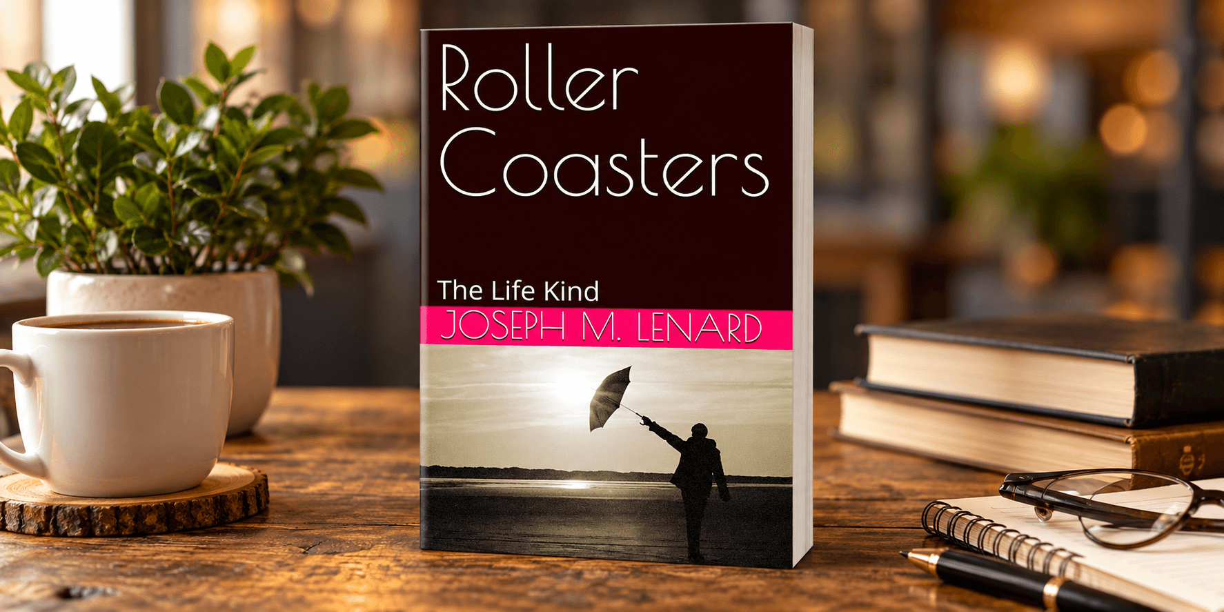 Book titled "Roller Coasters" by Joseph M. Lenard displayed on a table with plants